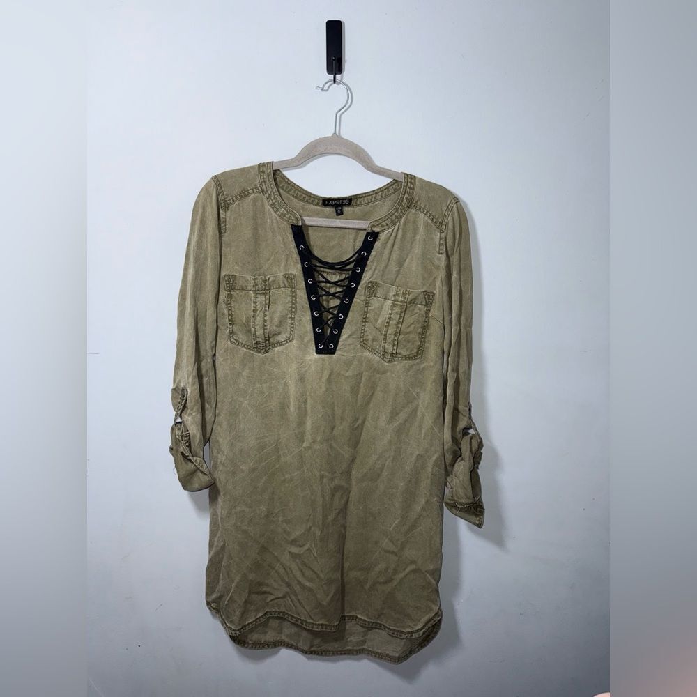 Express Lyocell Lace-up Popover Dress in olive green with black trim Size M EUC